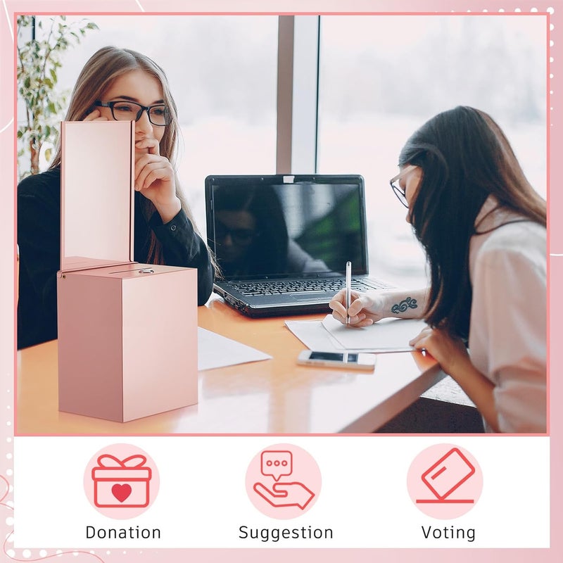 Weekgrat Metal Donation Box with Lock 6.7 x 5 x 8 Inch Safe Ballot Suggestion Box with Sign Holder and Slot Tip Jar Voting Collection Raffle Mailbox for Voting Fundraising Collection(Pink) - Image 4